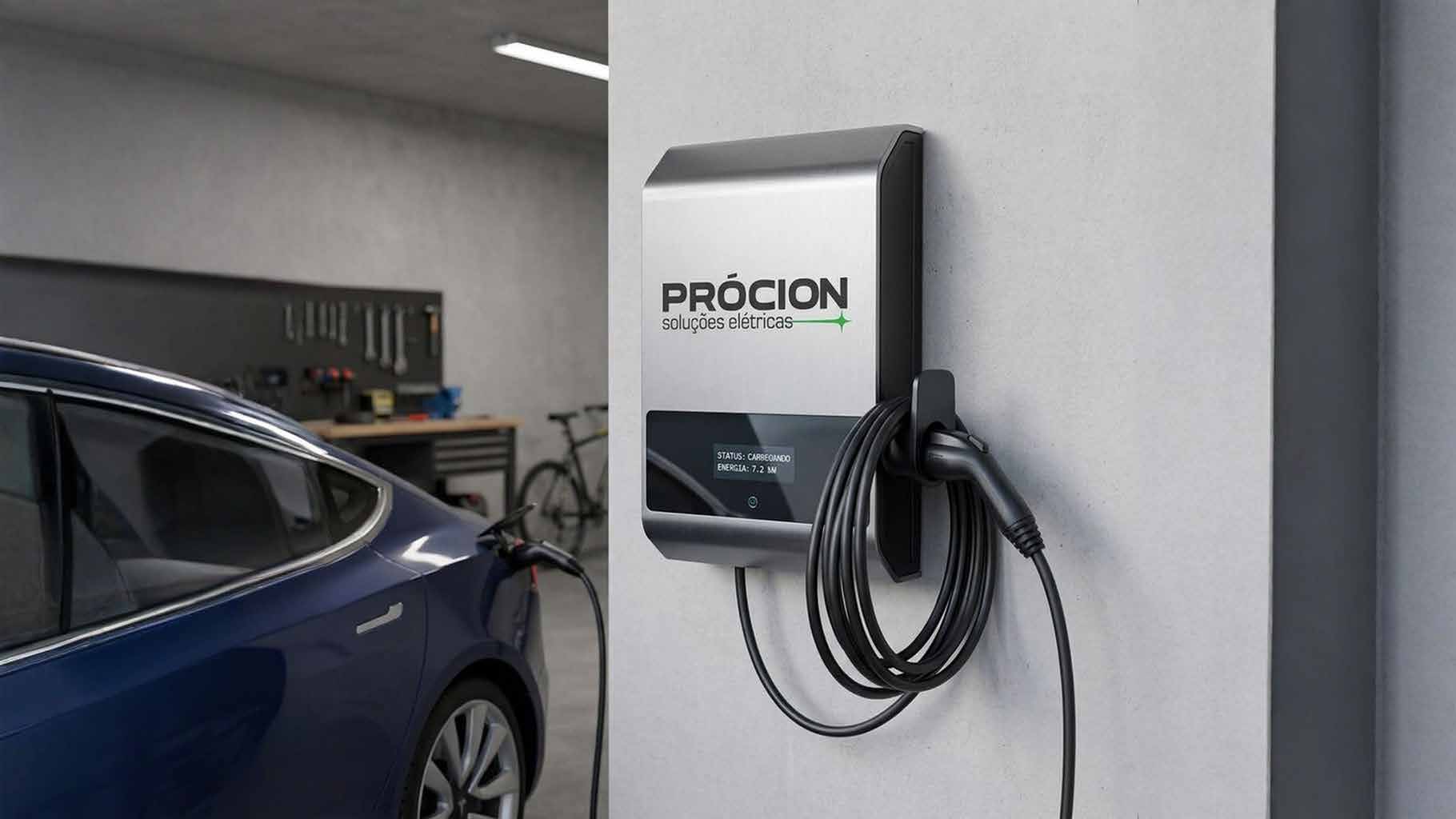 Wallbox PRÓCION instalado em garagem com veículo elétrico