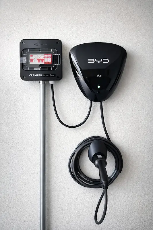 Wallbox BYD instalado com módulo de proteção dedicado