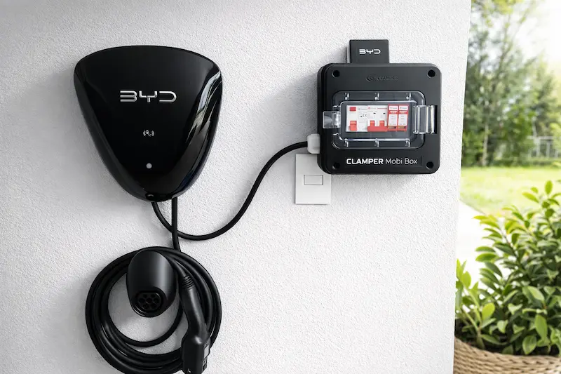 Wallbox instalado em parede com módulo de proteção ao lado