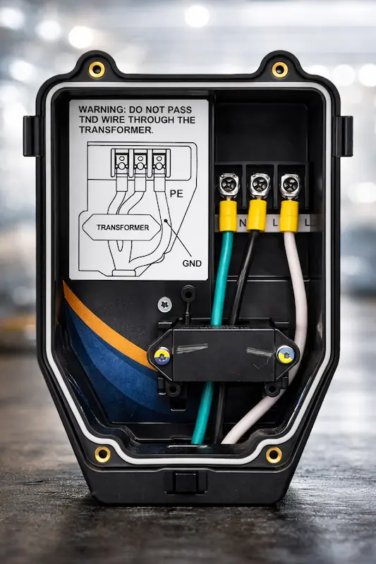 Wallbox aberto com detalhe técnico de bornes e condutores elétricos